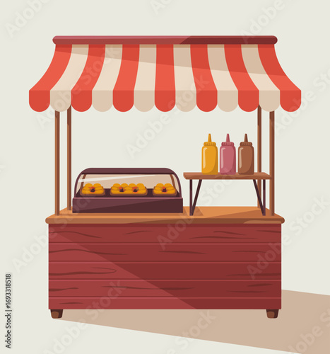 This vibrant image showcases a charming food stall with bold red and white striped awning, featuring savory hot dogs along with various condiments for a perfect snack.
