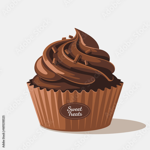 This rich chocolate cupcake features smooth frosting and toppings of chocolate sprinkles, representing a delightful treat for all dessert enthusiasts and indulgence lovers.