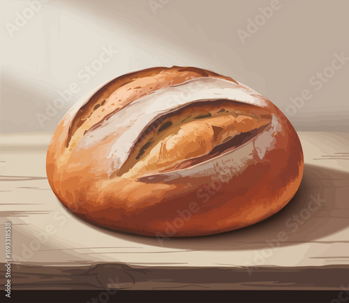 A beautiful, freshly baked artisan bread is showcased in this image, featuring perfect crevices and a golden-brown crust that invites an enticing eating experience.