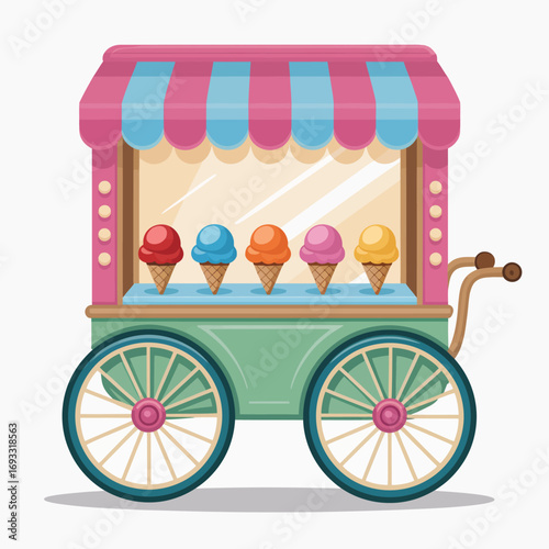 This lively ice cream cart presents an assortment of colorful cones, embodying a playful spirit and evoking cherished memories of summertime enjoyment and relaxation.