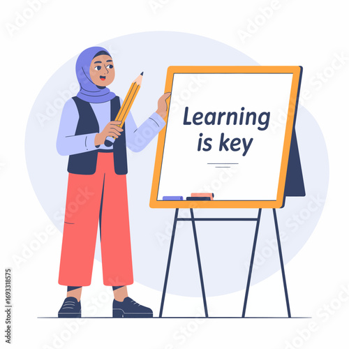 A teacher in a hijab enthusiastically points to a message stating 'Learning is Key', emphasizing the importance of education and intellectual development.