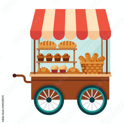 A vibrant bakery cart featuring a variety of baked goods like bread, muffins, and pastries, perfect for enticing customers at markets or outdoor events.