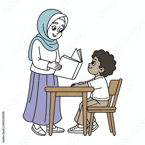 An enthusiastic educator engages her student with various resources, promoting a dynamic learning environment filled with exploration and intellectual growth through collaboration.
