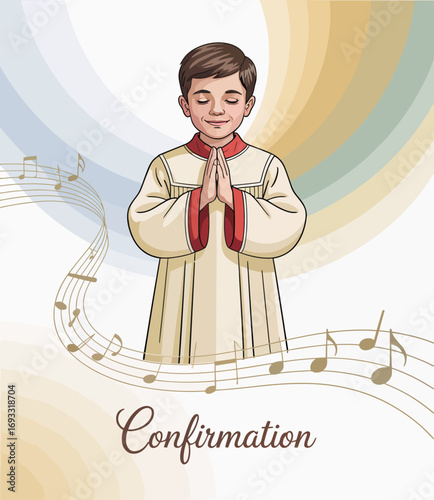 An illustration of a boy in confirmation attire praying, surrounded by musical notes, symbolizing joy and harmony in a significant religious rite of passage.