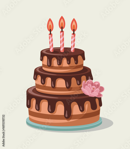A refined chocolate cake design featuring three lit candles and a delightful floral touch, representing love and joy during special celebrations and events.