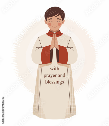 A serene illustration of a young boy in prayer attire, with hands clasped in prayer, radiating peace and blessings with a soft light backdrop enhancing the spiritual vibe.