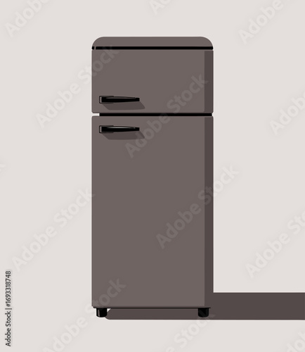This artwork showcases a modern refrigerator in a chic tone, creatively playing with shadows, adding depth and sophistication to a minimalist kitchen setting.