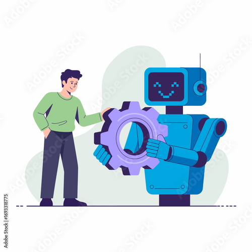 A young man interacts with a robot, which happily offers a gear. This image represents the collaboration between humans and robots, emphasizing positivity and progress.