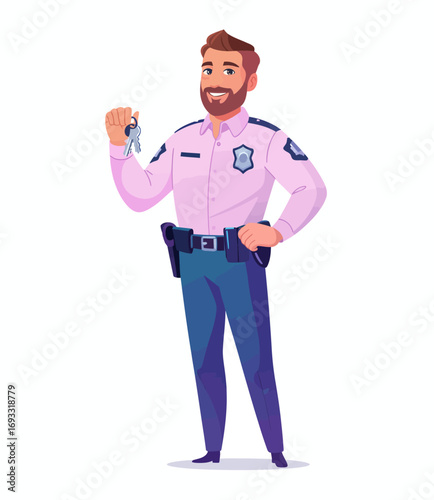 An animated police officer with a warm smile displays a set of keys, embodying the spirit of friendliness and community engagement in a law enforcement role.