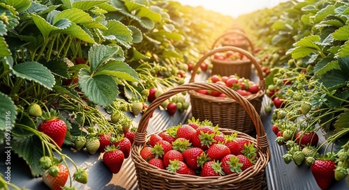Ripe strawberries harvested in rows, filling wicker baskets in a sunlit field.