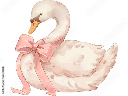 Watercolor Swan with Pink Ribbon Illustration