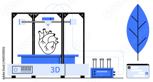 3D printer crafting an anatomical heart, surrounded by test tubes, eco-leaf, and technology console. Ideal for health innovation, biotechnology, 3D printing, sustainability, science advancement