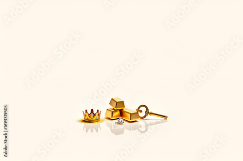 Golden Crown, Brick, Key and Diamond Representing Wealth, Power,