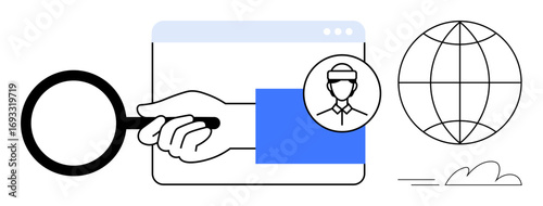 Magnifying glass over a web page, user profile representation, and a globe. Ideal for digital identity, analytics, globalization, online search, data research recruitment innovation. Clean flat