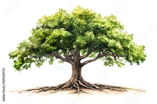 Watercolor painting of an oak tree with roots on a white background.