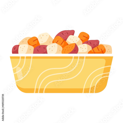 vector illustration of a Thanksgiving salad with cranberries, nuts, and root vegetables in a yellow bowl for a festive holiday meal.