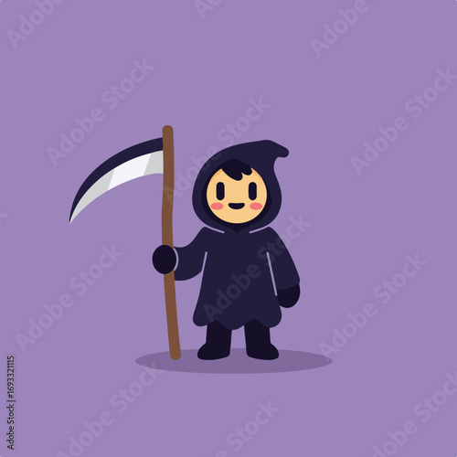 Cute grim reaper cartoon holding scythe on a purple background