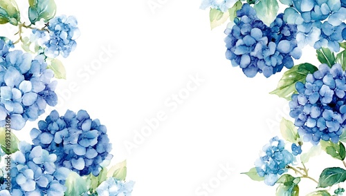 Watercolor blue hydrangea frame, white background, cute style, hand-drawn 