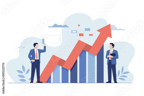 Businessmen with Growing Arrow Chart Shows Success in Finance and Investments