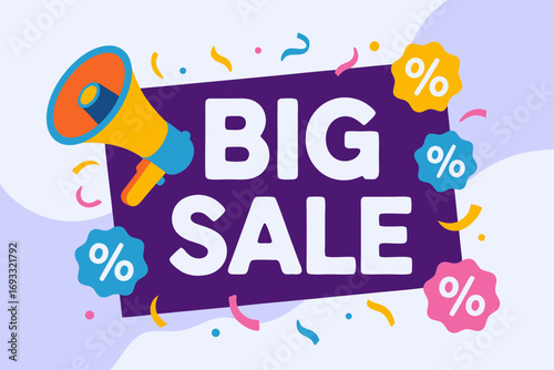 Colorful Big Sale Advertisement Illustration with Megaphone Discount Percentages Design