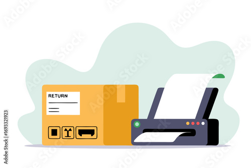 Shipping Return Concept: Box and Printer flat design illustration on white background