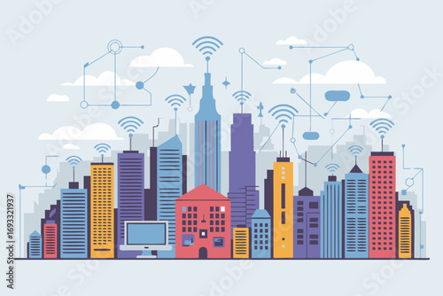 Smart City: Vector illustration of connected cityscape with wireless signals and cloud computing