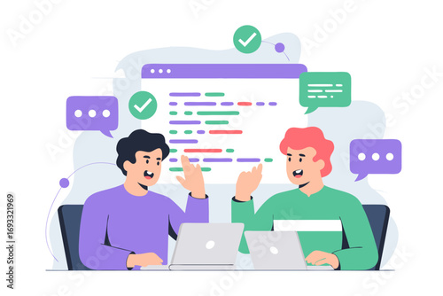 Two Developers Collaborating on Coding Project with Laptop, Speech Bubbles and Code Interface