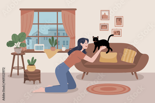 Woman Interacting with a Black Cat at Home with Plants and Sofa Illustration