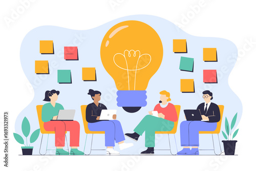 Team brainstorming bright ideas with lightbulb concept for innovation in a creative workspace