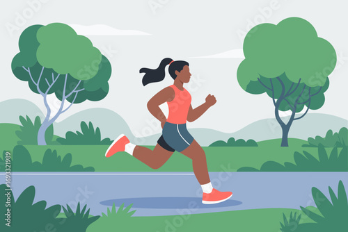 Woman Running in a Park: Cardio Exercise and Healthy Lifestyle Concept Illustration