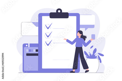 Woman with checklist and phone stands near potted plant and business objects