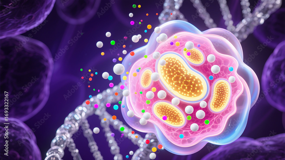 Obraz premium Colorful particles surround cells and have DNA structure, embodying the concept of cellular level diverse nourishment and technological revitalization in beauty care products. 