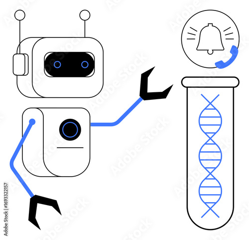 Robot with mechanical arms examining DNA strand in a test tube, accompanied by a notification bell. Ideal for biotechnology, AI, innovation, genetics, automation, healthcare futuristic concepts. A