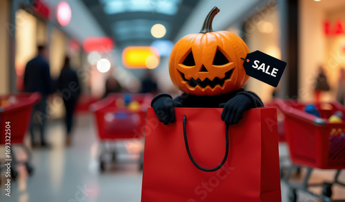 Pumpkin head with sale tag in shopping mall