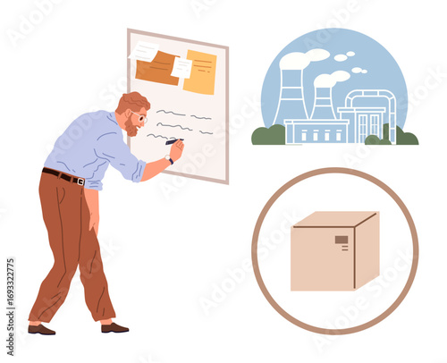 Professional arranging workflow on board near factory illustration and shipping box. Ideal for industrial planning, logistics, supply chain, inventory, work process, goal setting, team organization