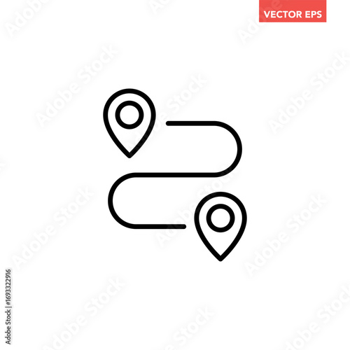 Black single route tracking line icon, simple pins path searching spot flat design vector pictogram vector for app ads logotype web website button ui ux interface elements isolated on white background