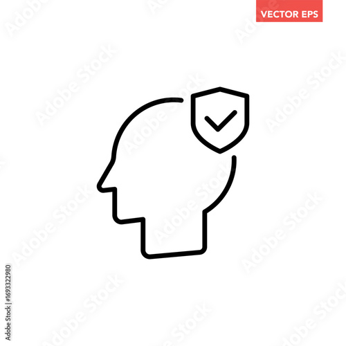 Single black head with shield line icon, simple mental health flat design vector pictogram, infographic interface elements for app logo web button ui ux isolated on white background