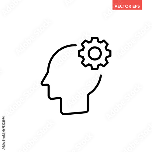 Black single gear in head line icon, simple logic thinking flat design vector pictogram, infographic interface elements for app logo web button ui ux isolated on white background