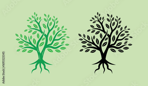 Tree with leaves and roots. Stylised Vector silhouette of a tree icon.Nature symbol.