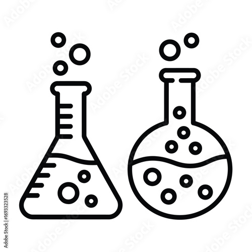 Two laboratory flasks with bubbling liquid and scientific research symbols