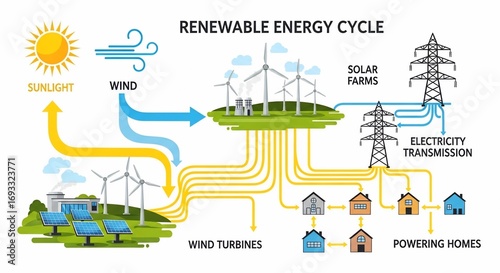 Illustration depicting the renewable energy cycle, showing sunlight and wind powering wind turbines and solar farms, which then transmit electricity to homes.
