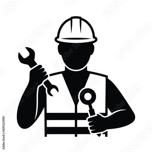 Silhouette of a construction worker holding wrenches and wearing a hard hat and vest