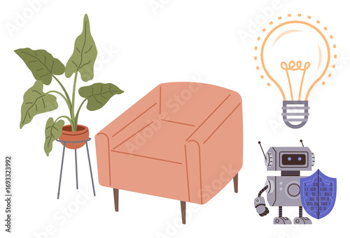 Armchair next to a potted plant, glowing bulb symbolizing creativity, and robot with a shield for innovation and security. Ideal for technology, creativity, comfort, safety, sustainability, modern