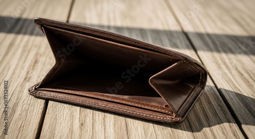 Empty brown leather wallet on wooden surface