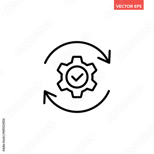 Black single round gear workflow confirmed line icon, cogwheel process successful flat design vector pictogram, infographic interface elements for app logo web button ui isolated on white background