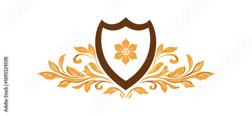 Gold ornate shield design with floral accents