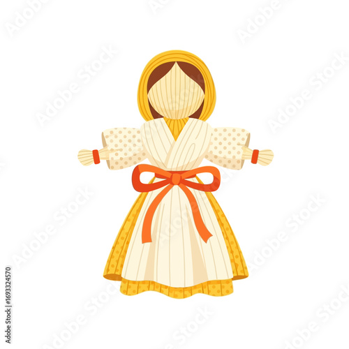 vector illustration of a traditional pilgrim girl doll in a bonnet and apron for a historical Thanksgiving holiday decoration.