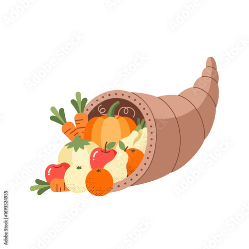 vector illustration of a traditional cornucopia horn of plenty overflowing with harvest fruits and vegetables for a Thanksgiving centerpiece.