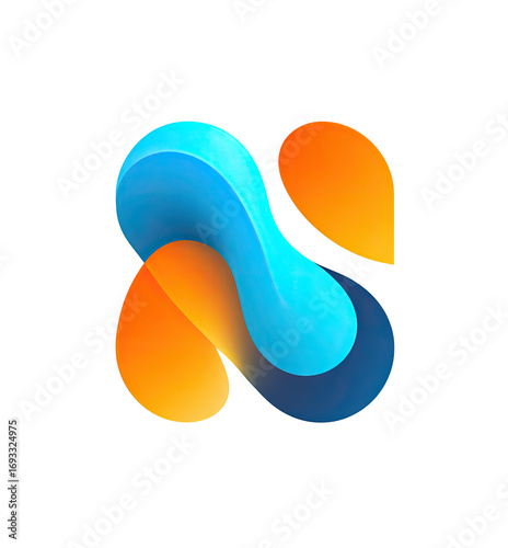 Abstract logo;  intertwined, fluid shapes in orange and turquoise blue;  dark navy blue accents;  pixelated edge effect