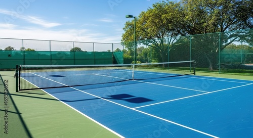 Wallpaper Mural Blue tennis court with green surroundings and a clear sky above Torontodigital.ca